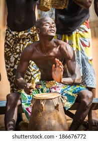 KARA, TOGO - MAR 11, 2012:  Unidentified Togolese Drummer Makes Music For The Religious Voodoo Dance Performance. Voodoo Is The West African Religion