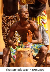 KARA, TOGO - MAR 11, 2012:  Unidentified Togolese Drummer Makes Music For The Religious Voodoo Dance Performance. Voodoo Is The West African Religion