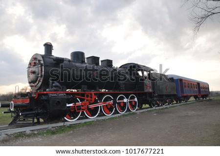 Karaagac, Edirne, Turkey. 02/01/2018. Historic steam locomotive. It is exhibited in front of the old railway station.