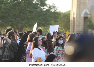 Karachi Pakistan 8th March 2021, Aurat March At Frere Hall Karachi On International Women's Day, Play Cards In Hand