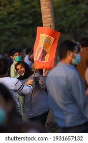 Karachi Pakistan 8th March 2021, Aurat March At Frere Hall Karachi On International Women's Day, Play Cards In Hand