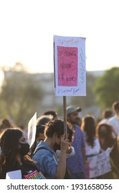 Karachi Pakistan 8th March 2021, Aurat March At Frere Hall Karachi On International Women's Day, Play Cards In Hand