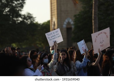 Karachi Pakistan 8th March 2021, Aurat March At Frere Hall Karachi On International Women's Day, Play Cards In Hand