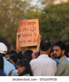 Karachi Pakistan 8th March 2021, Aurat March At Frere Hall Karachi On International Women's Day, Play Cards In Hand