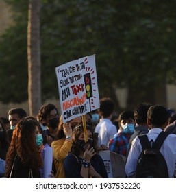 Karachi Pakistan 8th March 2021, Aurat March At Frere Hall Karachi On International Women's Day, Play Cards In Hand