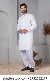 Karachi, Pakistan - April 08, 2021: Young Pakistani Men wearing shalwar Kameez (kurta). Fashion Concept
