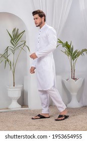 Karachi, Pakistan - April 10, 2021: Young Pakistani Men Wearing Shalwar Kameez (kurta). Fashion Concept