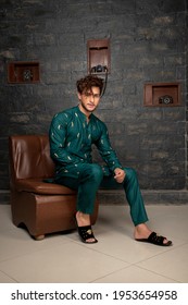 Karachi, Pakistan - April 10, 2021: Young Pakistani Men Wearing Shalwar Kameez (kurta). Fashion Concept