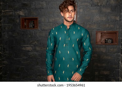 Karachi, Pakistan - April 10, 2021: Young Pakistani Men Wearing Shalwar Kameez (kurta). Fashion Concept