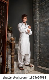 Karachi, Pakistan - April 10, 2021: Young Pakistani Men Wearing Shalwar Kameez (kurta). Fashion Concept