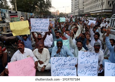 KARACHI, PAKISTAN - FEB 18: Residents Of Sujrani Are Holding Protest Demonstration 
Against High Handedness Of Police Officials, At Press Club On February 18, 2021 In Karachi.