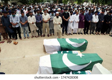 KARACHI, PAKISTAN - JUN 02: Relatives And Residents Attend Funeral Prayer Of Plane Crash Incident Victims Danish And His Family Members Who Were Martyrdom PIA Airplane Crash On June 2, 2020 Of Karachi