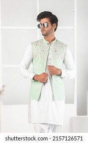 Karachi, Pakistan - May 02, 2020: Pakistani Man In Traditional Wear OR Kurta Pyjama Cloths. Male Fashion Model In Sherwani, Posing In Studio Round, Wedding Fashion Concept