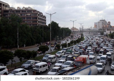 KARACHI, PAKISTAN - OCT 12: A large numbers of vehicles stuck in traffic jam due to negligence of traffic police staffs and illegal parking, located on Shahrah-e-Faisal on October 12, 2020 in Karachi.