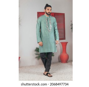 Karachi, Pakistan - October 29, 2021: Young Pakistani Men Wearing Shalwar Kameez (kurta). Fashion Concept