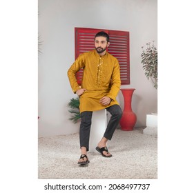 Karachi, Pakistan - October 29, 2021: Young Pakistani Men Wearing Shalwar Kameez (kurta). Fashion Concept