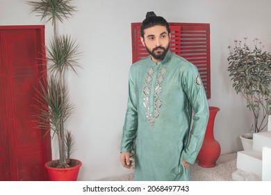 Karachi, Pakistan - October 29, 2021: Young Pakistani Men Wearing Shalwar Kameez (kurta). Fashion Concept