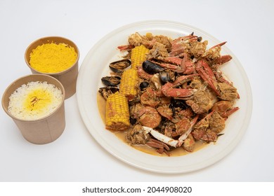 Karachi, Pakistan - September 10, 2021: Homemade Cajun Seafood Boil With Lobster Crab And Shrimp With Rice