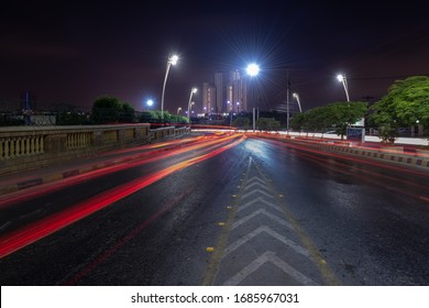 Karachi, Sindh/Pakistan - Mar 28, 2020: Karachi Road In Night