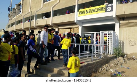 Karachi, Sindh/Pakistan - March 25, 2018: Ticket Office National Cricket Stadium Karachi. Crowed Lined Up To Buy Ticket For Pakistan Super League, Twenty20, Cricket Final 2018.