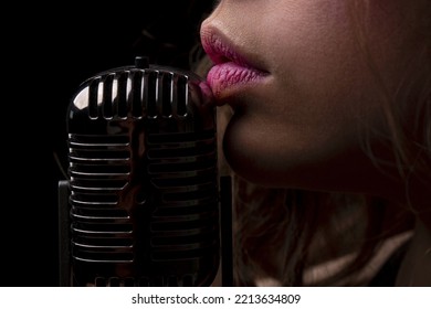 Karaoke. Closeup Lip With Vintage Microphone. Sensual Woman Singer. Concert Singing.