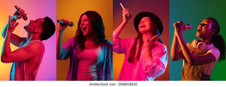 At karaoke club. Collage of made of singing man and girls isolated on colored backgorund in neon light. Concept of equality, unification of all nations, ages and interests. Look happy, excited - Shutterstock ID 2068018610