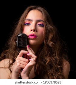 Karaoke Woman. Girl Singer With Microphone. Sensual Vintage Girl Singer. Concert Sing