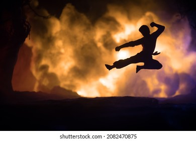 Karate athletes night fighting scene at burning forest. Character karate. Posing figure artwork decoration. Sport concept. Decorated foggy background with light. Selective focus - Shutterstock ID 2082470875