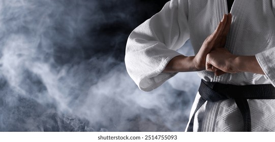 Karate fighter in smoke on black background, closeup. Banner design with space for text - Powered by Shutterstock