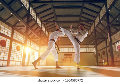 Karate Fighters On Tatami At Sunrise. Japanese Hall.