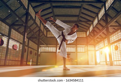 Karate Fighters On Tatami At Sunrise. Japanese Hall.