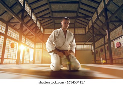 Karate Fighters On Tatami At Sunrise. Japanese Hall.