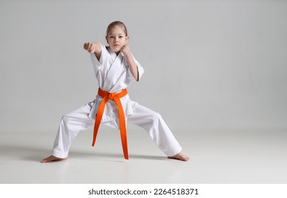 Karate fighting stance, a child in a kimono on a white background. - Powered by Shutterstock