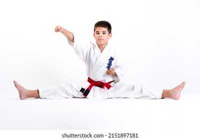 Karate Kid Stretching And Raising Fist On A White Background. Which Means: The Last Truth Associated.