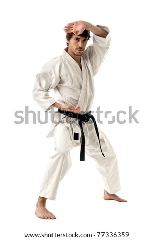 Karate male fighter young isolated on white background