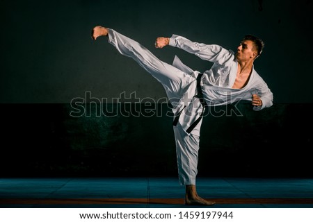 Karate man with black belt posing, champion of the world on black background studio shot
