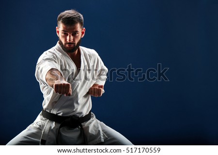 Karate man in a kimono in fighting stance on a blue background