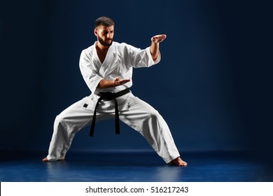 Karate man in a kimono standing in a fighting stance on a blue background - Powered by Shutterstock