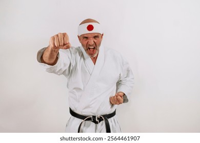 Karate master in attack position.