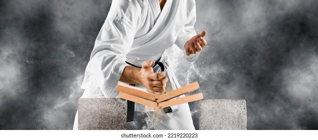 Karate master breaks a wooden board with his hand. Smoke background