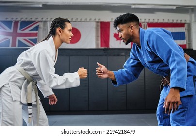 Karate, Mma And Fitness With A Teacher And Student Learning, Training And Doing A Workout For Exercise, Sport And Health. Man And Woman In Fight, Combat Or Self Defense Class In A Gym Studio