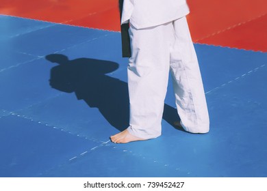 Karate , Tae Kwon Do , Martial Arts. A Kid , Teenager Man , Wearing White Kimono With Black Belt Sitting On Matress . Extreme Fight Sports. Concepts Of Becoming A Professional Fighter