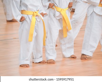 Karate Or Tae Kwon Do,martial Arts.A Closed Up Shot Little Kids Wearing White Kimono With Yellow Belt In Training Course.Extreme Fight Sports. Concepts Of Becoming A Professional Fighter