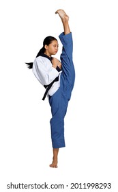 Karate Taekwondo Teenager Girl Practice Fighting Kick And High Leg On Black Belt Level. Asian Youth Athlete Woman Wear Sport Traditional Uniform Over White Background Full Length Isolated