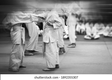 karate-do training and a healthy lifestyle. Added blur effect for more motion effect. Retro style. Black and white.