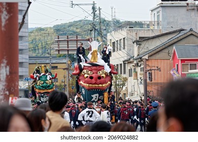 Karatsu, Japan - november 3, 2021 : massive float is drawn through the streets during annual Karatsu Kunchi traditional festival.