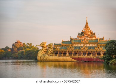 The Karaweik palace on the eastern shore of Kandawgyi Lake, famous iconic landmark and tourist attraction of Yangon, Myanmar