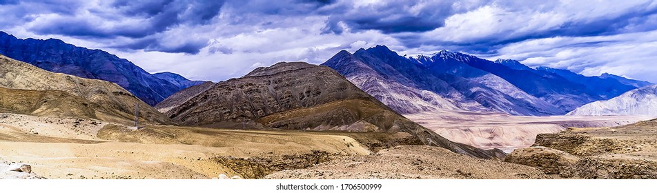 Kargil, Jammu And Kashmir, Ladakh / India - 04 - 17 - 2020 : Aerial View Of Green And Rocky Landscape Of Kargil With Mountain