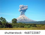 Karimskiy volcano. Volcanic eruption in Kamchatka, ash flow and destroyed