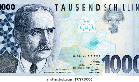 Karl Landsteiner Portrait From Austria 1000 Schilling 1997 Banknotes. 